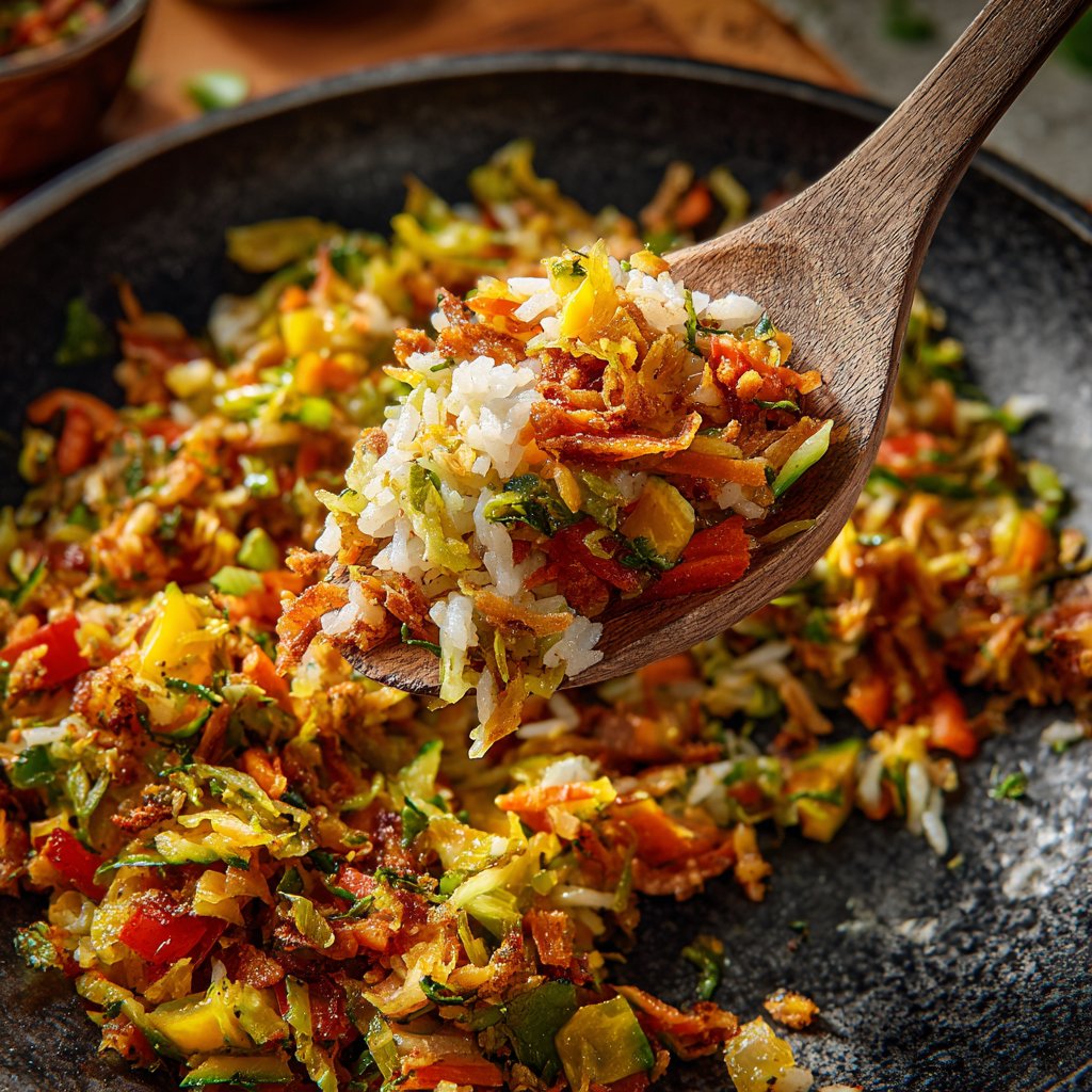 Mittagessen mit Gemüsepfanne und Reis